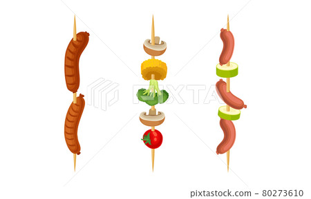 Cooked Grilled Sausages and Vegetables on Skewers or Wooden Sticks Vector Set Cooked Grilled Sausages and Vegetables on Skewers or Wooden Sticks Vector Set 80273610