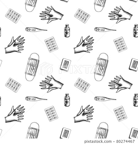 Seamless pattern with black and white pills and medicines, medical face mask, sanitizer bottles Seamless pattern with black and white pills and medicines, medical face mask, sanitizer bottles 80274467