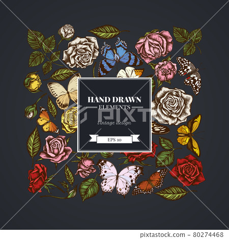Square floral design on dark background with lemon butterfly, red lacewing, african giant 80274468