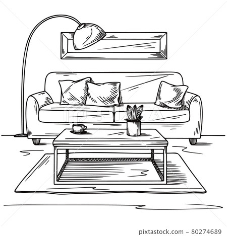 Living room sketch in black on white. Interior sketch, sofa, lamp and other furniture. Vector 80274689