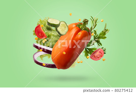 Collection of various ripe vegetables levitating in the air 80275412
