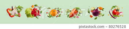 Sets of summer vegetables and greens in a row Sets of summer vegetables and greens in a row 80276528