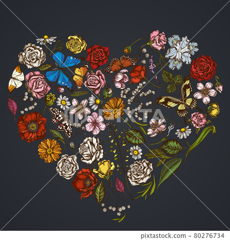 Heart floral design on dark background with shepherd s purse, heather, iris japonica, sakura 80276734