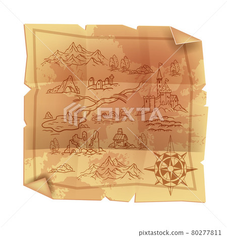 Old vintage parchment map, antique papyrus cartography treasure illustration, fantasy game paper. Old vintage parchment map, antique papyrus cartography treasure illustration, fantasy game paper. 80277811