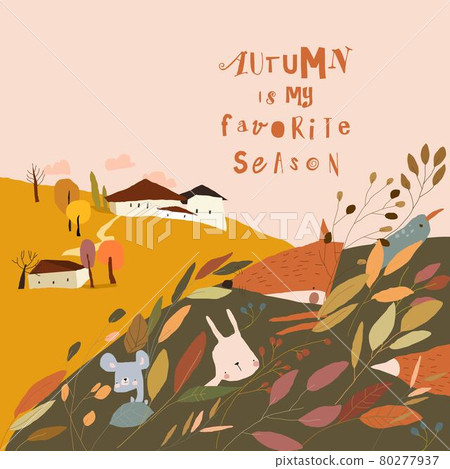 Cartoon Autumn Landscape with Little Village and Animals in Plants Cartoon Autumn Landscape with Little Village and Animals in Plants 80277937