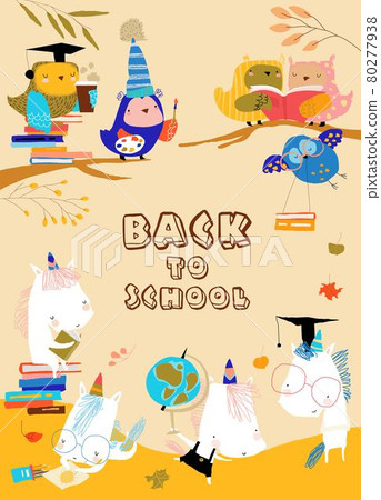 Funny Cartoon Owls with Unicorns preparing Back to School Funny Cartoon Owls with Unicorns preparing Back to School 80277938