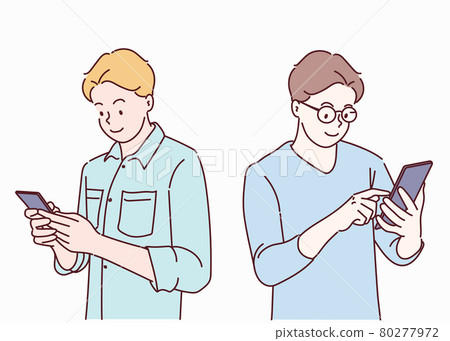 Young man using smartphone. He is chatting through social media. Hand drawn in thin line style, vector illustrations. 80277972