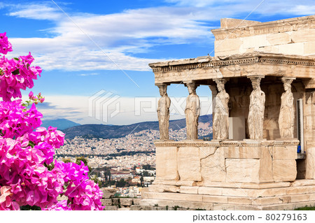 Porch of the Caryatids at Erechtheion temple, Acropolis of Athens, Greece. 80279163