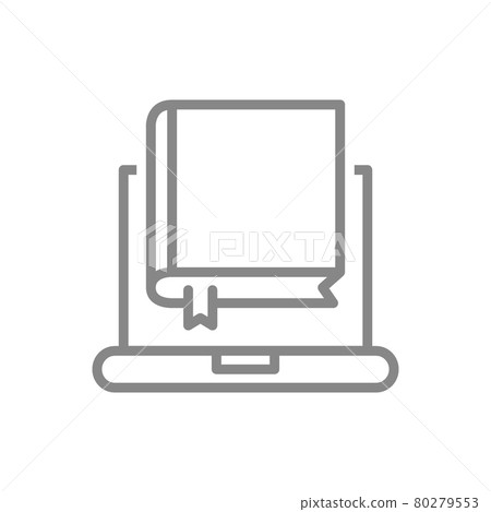 Book with laptop line icon. Web library, e-book, online education course symbol Book with laptop line icon. Web library, e-book, online education course symbol 80279553