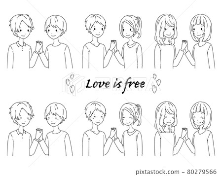 Line art illustration material set of 3 couples of men and women, men and women Line art illustration material set of 3 couples of men and women, men and women 80279566
