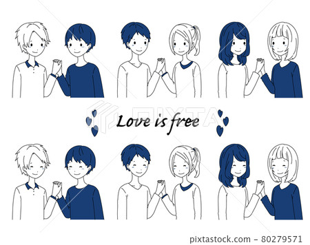 Illustration material set of 3 couples of blue men and women, men and women Illustration material set of 3 couples of blue men and women, men and women 80279571