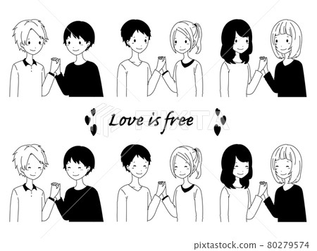 Illustration material set of 3 couples of monochrome men and women, men and women Illustration material set of 3 couples of monochrome men and women, men and women 80279574