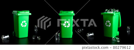 Precycling set. Bin container for disposal garbage waste and save environment. Green dustbin for recycle plastic, paper and glass can trash isolated on black background. 80279612