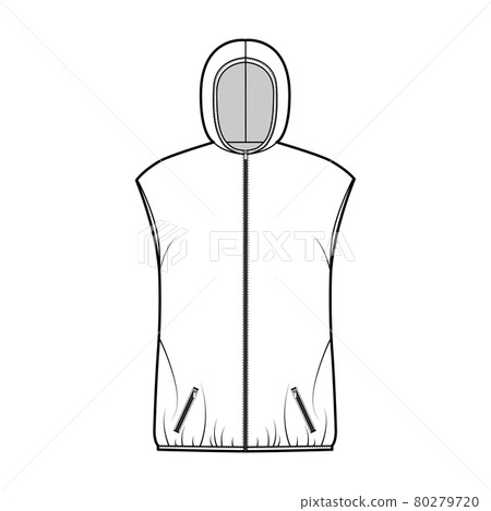 Hooded Down vest puffer waistcoat technical fashion illustration with zip-up closure, pockets, oversized, hip length 80279720