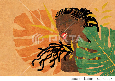 Black skin female with snake hair and tropical leaves grunge 80280907
