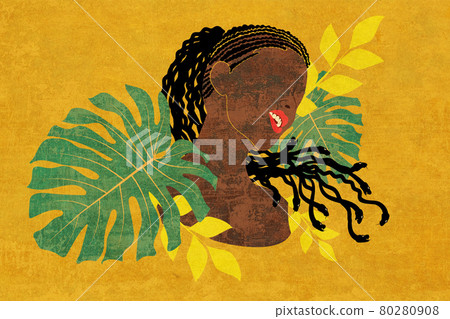 Black skin female with snake hair and tropical leaves grunge 80280908