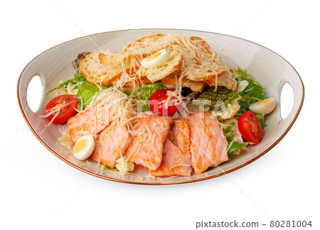 Caesar salad with grilled chicken on white wooden background 80281004