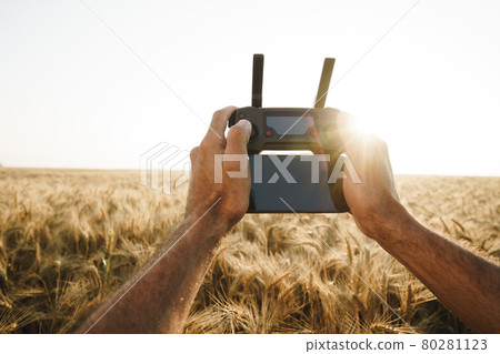 Male hands holding remote controller of quadcopter in wheat field Male hands holding remote controller of quadcopter in wheat field 80281123