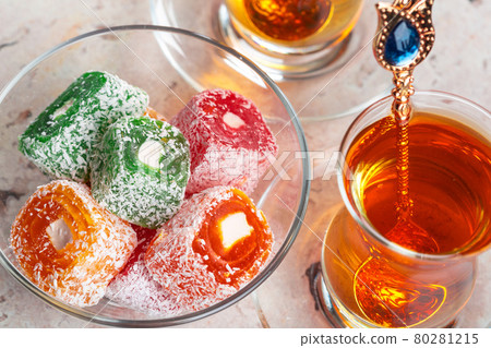 various pieces of turkish delight lokum and black tea various pieces of turkish delight lokum and black tea 80281215