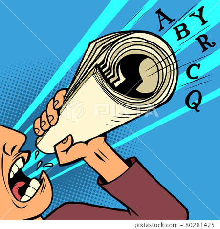 An angry man shouts through a newspaper mouthpiece. Freedom of the press An angry man shouts through a newspaper mouthpiece. Freedom of the press 80281425