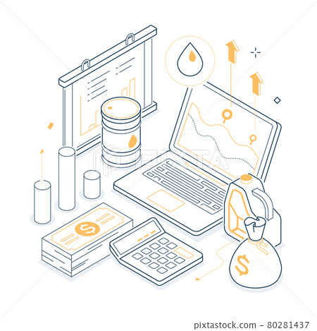 Oil prices - yellow and black isometric line illustration Oil prices - yellow and black isometric line illustration 80281437