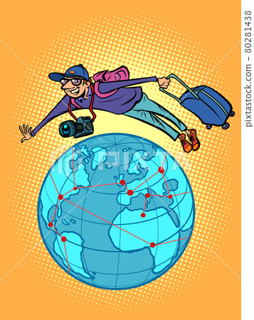 a male traveler is flying over the planet Earth, a weekend trip, a vacation 80281438