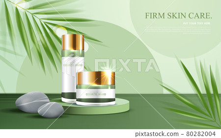 Cosmetics spa or skin care product ads with bottle, banner ad for beauty products , leaf and stone on green background glittering light effect. vector design Cosmetics spa or skin care product ads with bottle, banner ad for beauty products , leaf and stone on green background glittering light effect. vector design 80282004