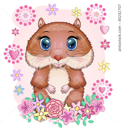 Cute cartoon hamster characters, funny animal muzzle in flower Cute cartoon hamster characters, funny animal muzzle in flower 80282707