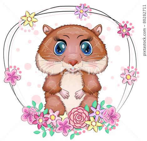 Cute cartoon hamster characters, funny animal muzzle in flower Cute cartoon hamster characters, funny animal muzzle in flower 80282711
