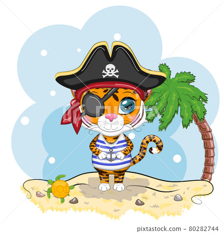 Cartoon tiger pirate in a striped T-shirt, cocked hat, with an eye patch. Summer is coming. Children's style, sweetheart. Symbol of the New Year 2022 Cartoon tiger pirate in a striped T-shirt, cocked hat, with an eye patch. Summer is coming. Children's style, sweetheart. Symbol of the New Year 2022 80282744