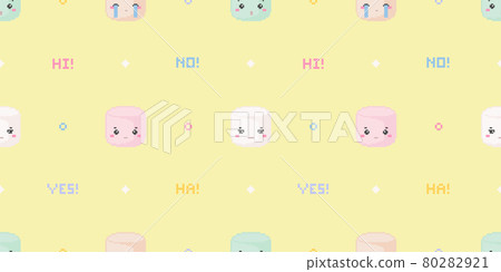 Seamless pixel art cute pattern with marshmallows. Kawaii 8 bit marshmallows sweet pattern for textile, fabric, paper, decor. Simple cute yellow pattern with pixel sweets. Text - hi, ha, yes, no. Seamless pixel art cute pattern with marshmallows. Kawaii 8 bit marshmallows sweet pattern for textile, fabric, paper, decor. Simple cute yellow pattern with pixel sweets. Text - hi, ha, yes, no. 80282921