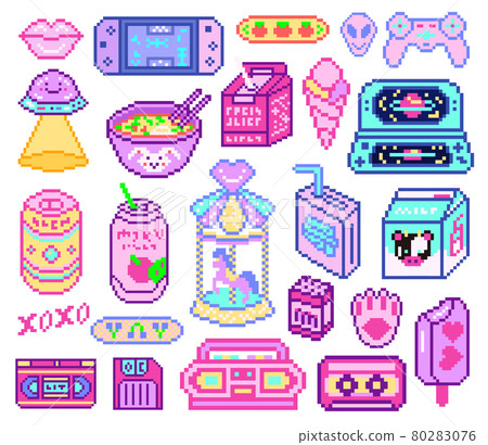 Pixel art 8 bit objects. Retro digital game assets. Set of Pink fashion icons. Vintage girly 80283076