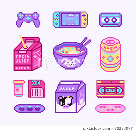 Pixel art 8 bit objects. Retro digital game assets. Set of Pink fashion icons. Vintage girly 80283077