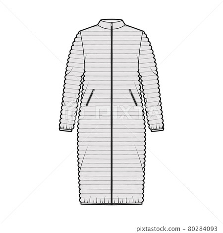 Down puffer coat jacket technical fashion illustration with stand collar, zip-up closure, pockets, oversize, knee length Down puffer coat jacket technical fashion illustration with stand collar, zip-up closure, pockets, oversize, knee length 80284093