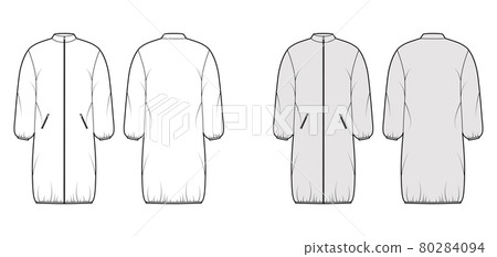 Hooded jacket puffer coat technical fashion illustration with long sleeves, zip-up closure, pockets, boxy, knee length Hooded jacket puffer coat technical fashion illustration with long sleeves, zip-up closure, pockets, boxy, knee length 80284094