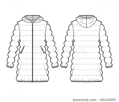 Hooded jacket Down puffer coat technical fashion illustration with zip-up closure, thigh length, classic quilting Hooded jacket Down puffer coat technical fashion illustration with zip-up closure, thigh length, classic quilting 80284095