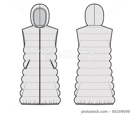 Down vest puffer waistcoat technical fashion illustration with hoody collar zip-up closure, loose body, classic quilting 80284099