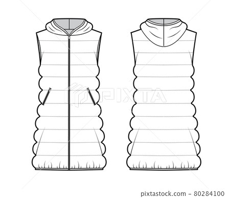Down vest puffer waistcoat technical fashion illustration with hoody collar zip-up closure, loose body, classic quilting 80284100