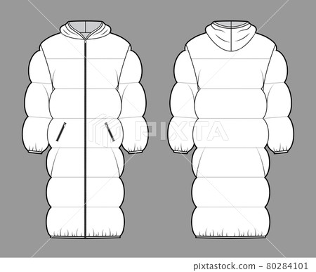 Down puffer coat jacket technical fashion illustration with long sleeves, hoody collar, zip-up closure, knee length 80284101