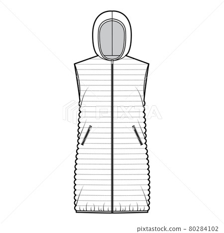 Down vest puffer waistcoat technical fashion illustration with sleeveless, hoody collar, loose fit, narrow quilting 80284102