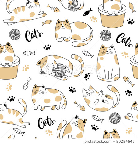 Seamless pattern of simply drawing kitty in various acting isolated on white background. Seamless pattern of simply drawing kitty in various acting isolated on white background. 80284645