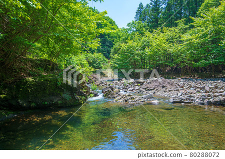 Nakagi River, Nakagi Dam, near the upper reaches of Lake Myogi, the surrounding scenery in early summer. Nakagi River, Nakagi Dam, near the upper reaches of Lake Myogi, the surrounding scenery in early summer. 80288072