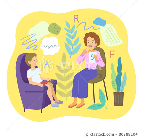 Female speech therapist with preschool boy make logopedic articulation exercises. Cartoon vector illustration. 80289104