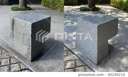 Before after. Corner repair with epoxy glue and cleaning of a modern gray granite monolith. Before after. Corner repair with epoxy glue and cleaning of a modern gray granite monolith. 80289218