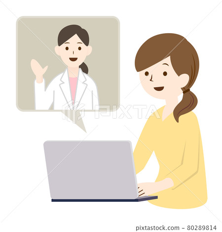 Illustration of a woman seeing a doctor online Illustration of a woman seeing a doctor online 80289814