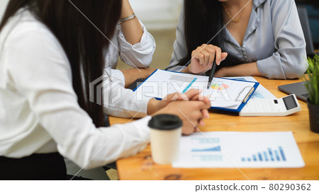 Crop shot of finance private tutor teaching college student with financial reports 80290362