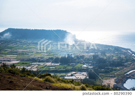 Beautiful garlic fields . View from Thoi Loi mountain at Ly Son Island, Quang Ngai Province, Vietnam Beautiful garlic fields . View from Thoi Loi mountain at Ly Son Island, Quang Ngai Province, Vietnam 80290390
