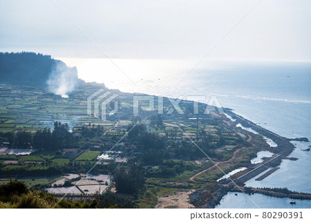 Beautiful garlic fields . View from Thoi Loi mountain at Ly Son Island, Quang Ngai Province, Vietnam Beautiful garlic fields . View from Thoi Loi mountain at Ly Son Island, Quang Ngai Province, Vietnam 80290391