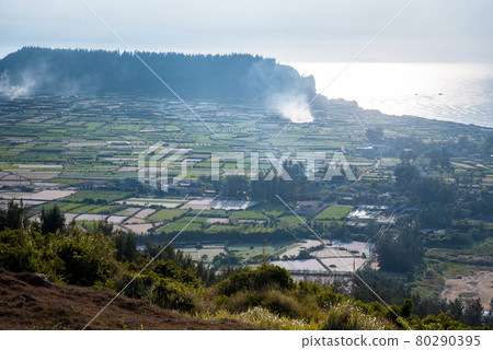 Beautiful garlic fields . View from Thoi Loi mountain at Ly Son Island, Quang Ngai Province, Vietnam Beautiful garlic fields . View from Thoi Loi mountain at Ly Son Island, Quang Ngai Province, Vietnam 80290395