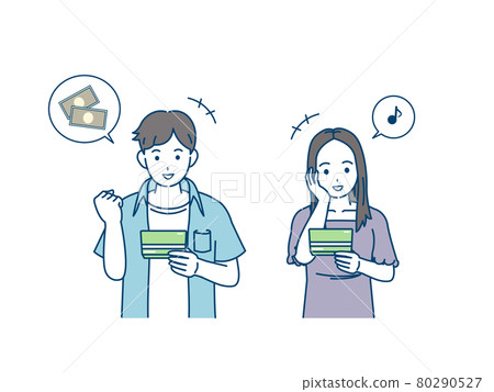 薪水儲蓄 喜見存摺的青年男女 轉賬插圖素材 80290527
